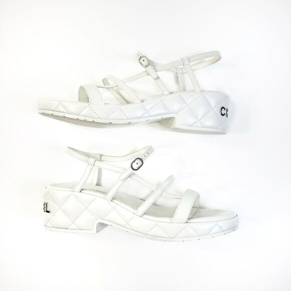 CHANEL 2023 White Quilted Leather Sandal Size 39 Open Toe Slingback Platform - Picture 5 of 15